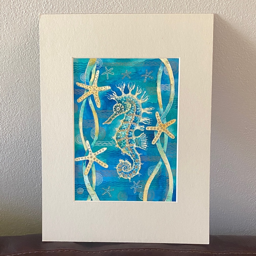 Original watercolor Seahorse 2004, no frame. Watercolor, gold, silver pen